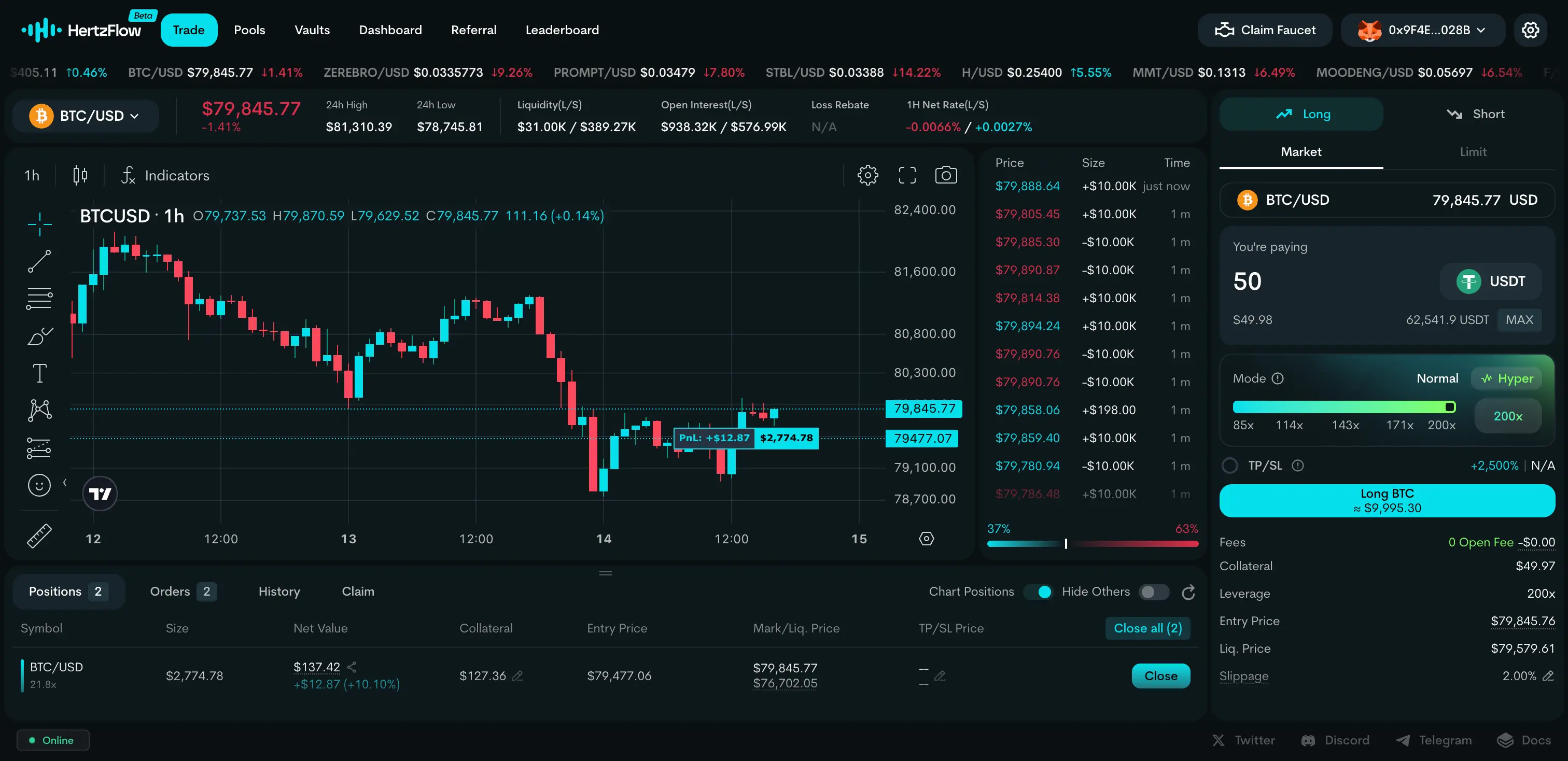 HertzFlow 交易界面——集实时图表与仓位管理于一体的杠杆交易终端